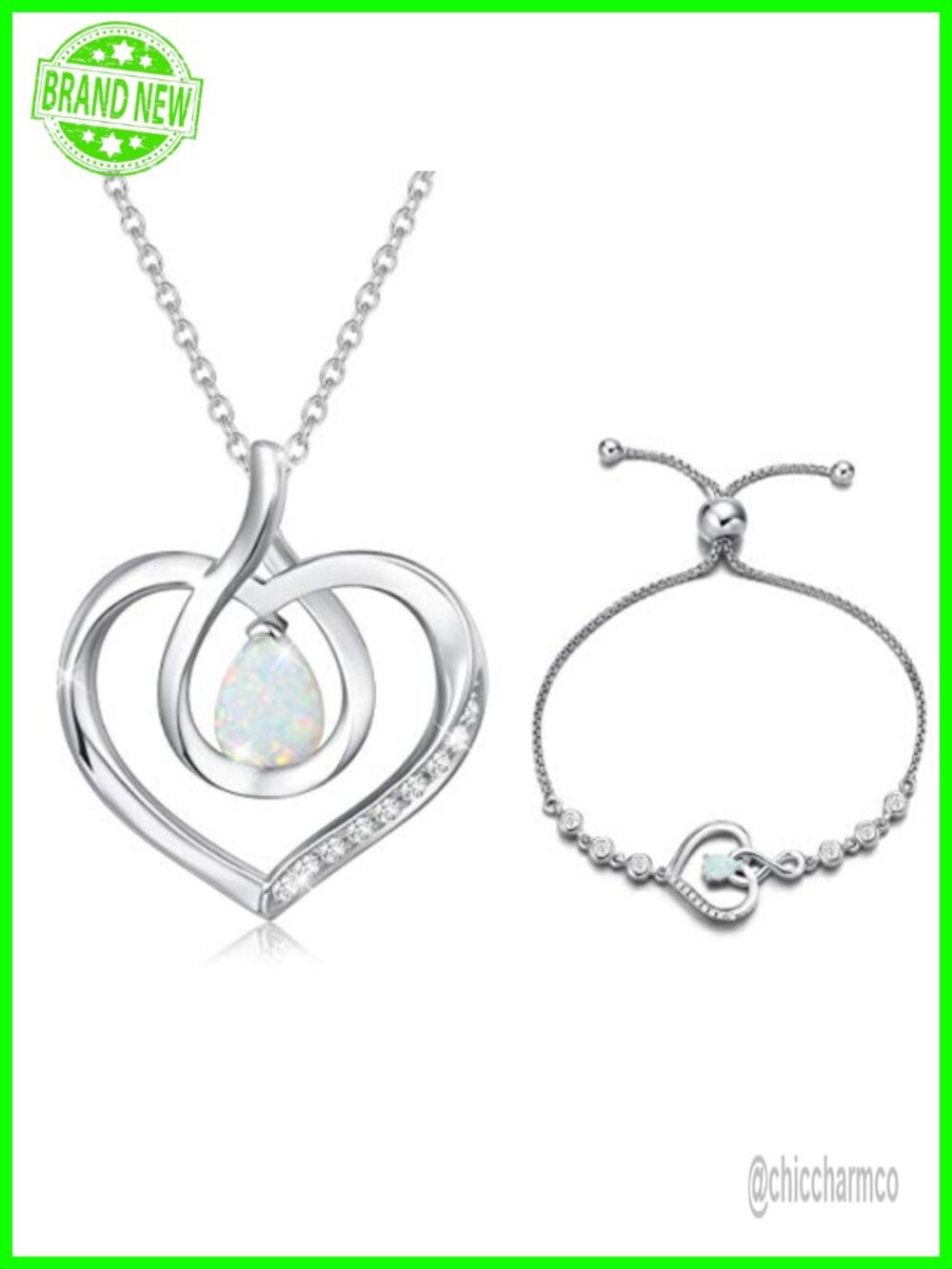 AGVANA Sterling Silver Opal Heart Necklace Bracelet Set